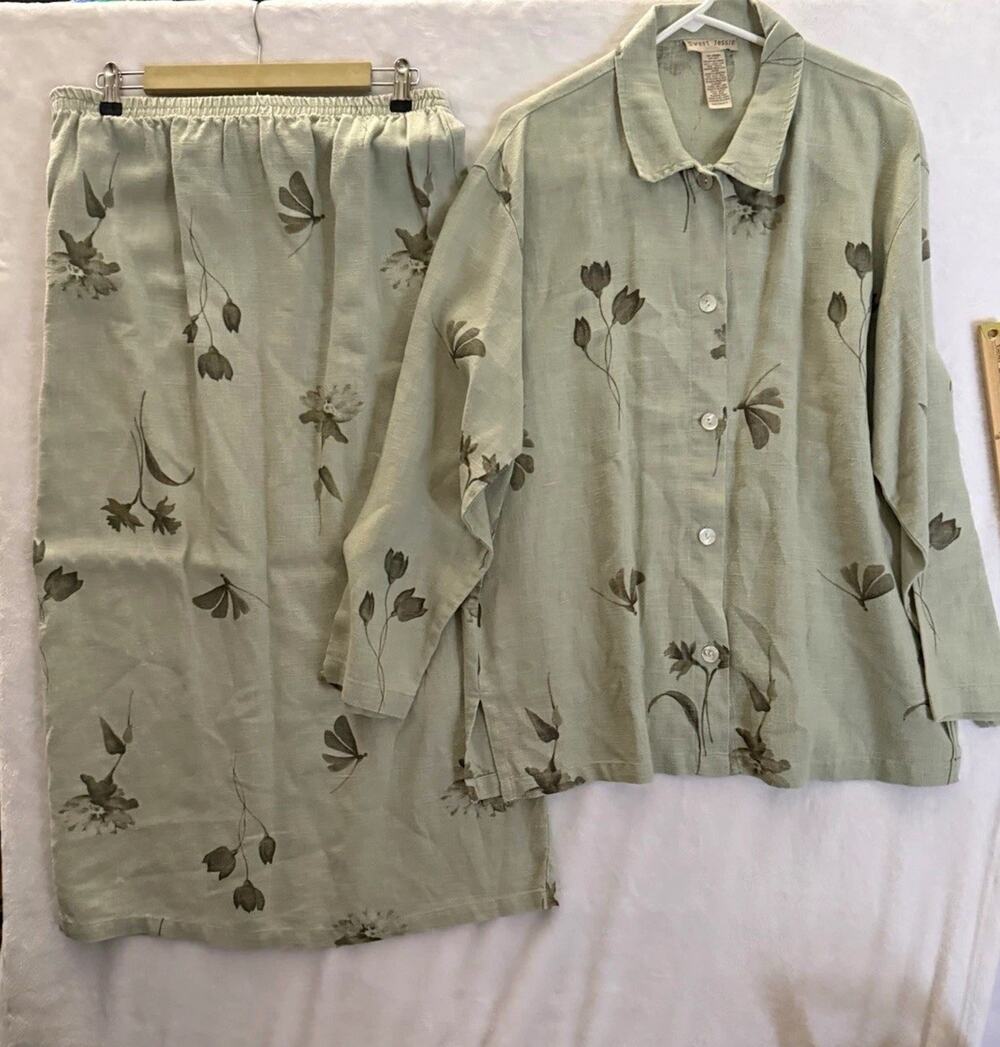 Sweet Jessie 100% Linen 2 Piece Set L Floral Skirt Jacket Boho lagenlook